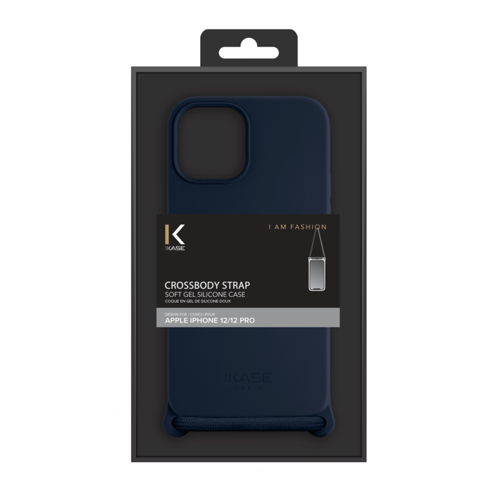 Coque en gel de silicone doux en bandouli&egrave;re pour Apple iPhone 12/12 Pro, Bleu Oxford