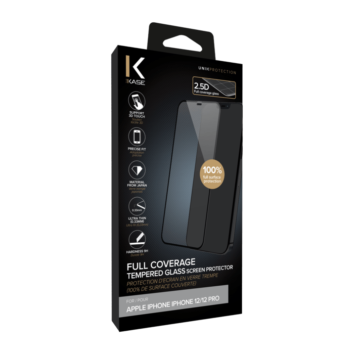 Protection d'&eacute;cran en verre tremp&eacute; (100% de surface couverte) pour Apple iPhone 12/12 Pro, Noir