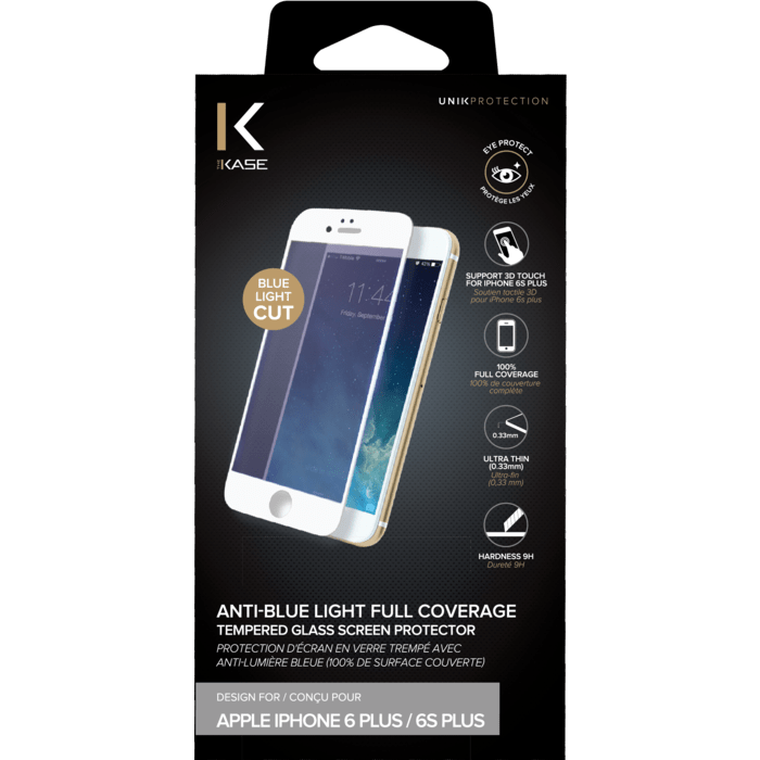 Protection d'écran en verre trempé avec anti-lumière bleue (100% de surface couverte) pour iPhone 6 Plus /6s Plus, Blanc