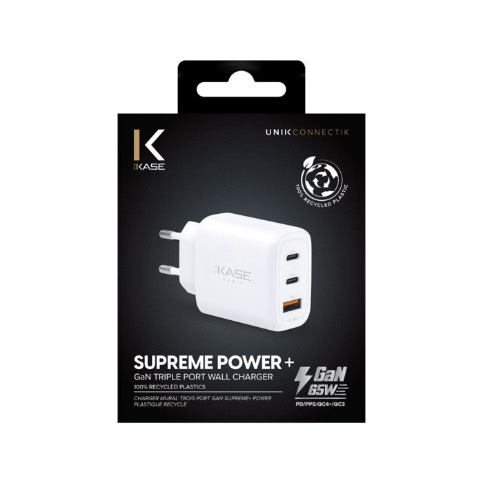 Chargeur Mural Trois Port Supreme+ Power GaN Fabriqu&eacute; Avec du 100% Plastique Recycl&eacute; - 65W (PPS), Blanc