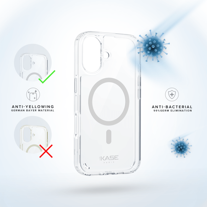 Coque antibact&eacute;rienne antichoc magn&eacute;tique invisible Fabriqu&eacute; Avec du 75% Plastique Recycl&eacute; pour Apple iPhone 16, Transparente