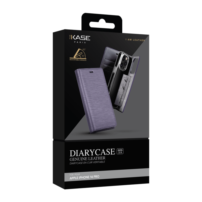 Diarycase 2.0 Coque clapet en cuir v&eacute;ritable avec support aimant&eacute; pour Apple iPhone 14 Pro, Vesper Violet