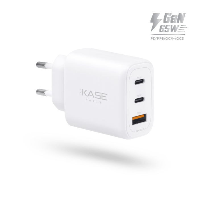 Chargeur Mural Trois Port Supreme+ Power GaN Fabriqu&eacute; Avec du 100% Plastique Recycl&eacute; - 65W (PPS), Blanc