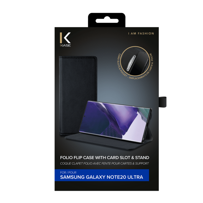 Coque clapet folio avec fente pour cartes & support pour Samsung Galaxy Note20 Ultra, Noir