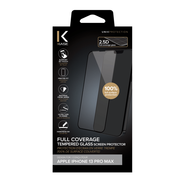Protection d'&eacute;cran en verre tremp&eacute; (100% de surface couverte) pour Apple iPhone 13 Pro Max, Noir