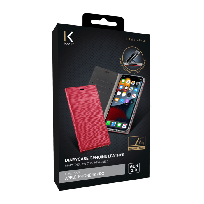 Diarycase 2.0 Coque clapet en cuir v&eacute;ritable avec support aimant&eacute; pour Apple iPhone 13 Pro, Rouge Bordeaux