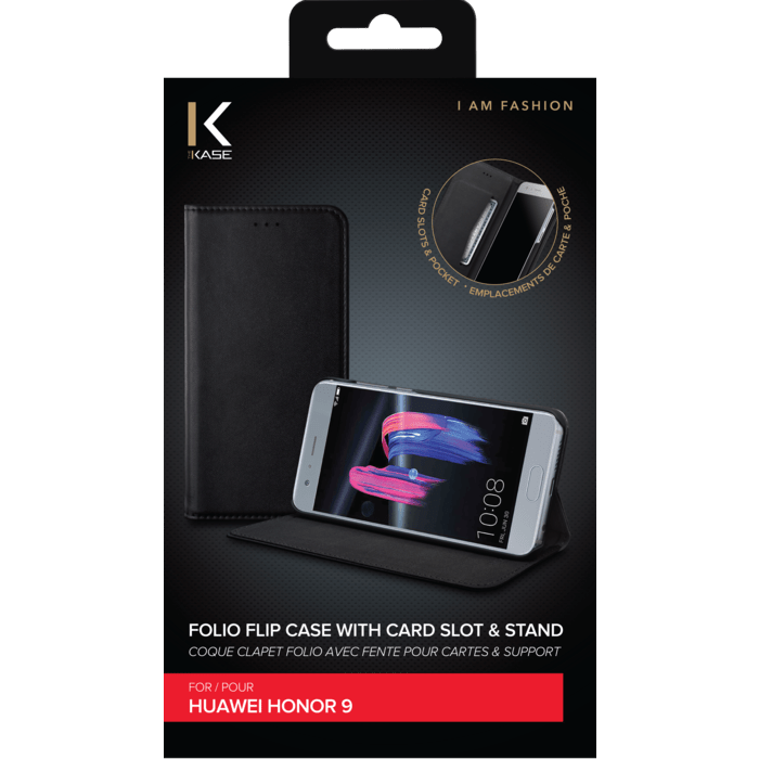 Coque clapet folio avec fente pour cartes & support pour Huawei Honor 9, Noir