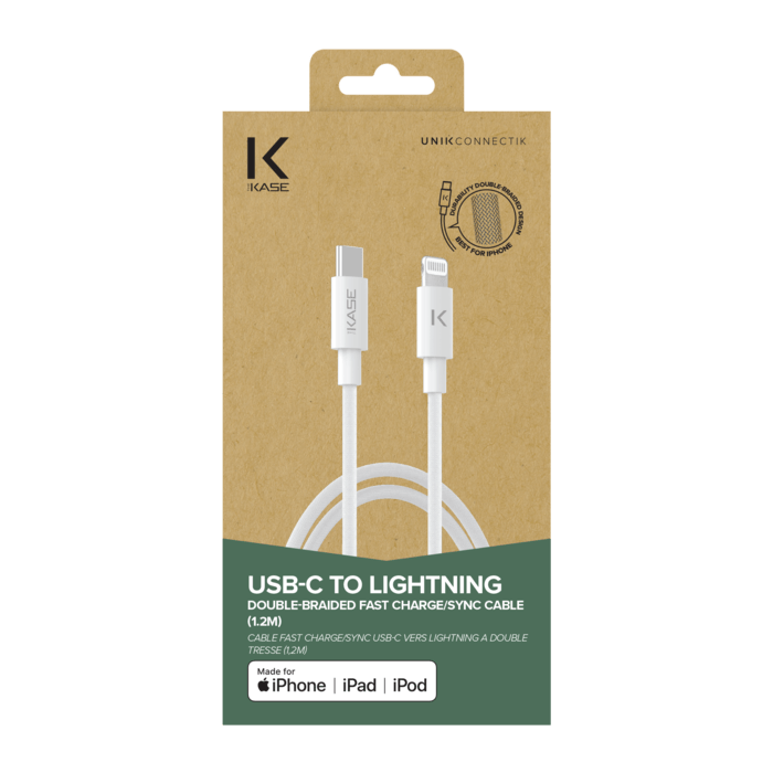 C&acirc;ble FAST CHARGE/SYNC USB-C vers Lightning &agrave; double tresse (1.2M), Blanc