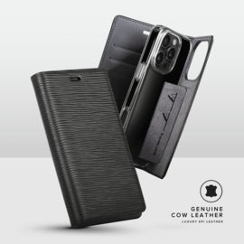 Diarycase 2.0 Coque clapet en cuir v&eacute;ritable avec support aimant&eacute; et fabriqu&eacute; avec un &eacute;tui en plastique recycl&eacute; pour Apple iPhone 16 Pro, Noir Minuit