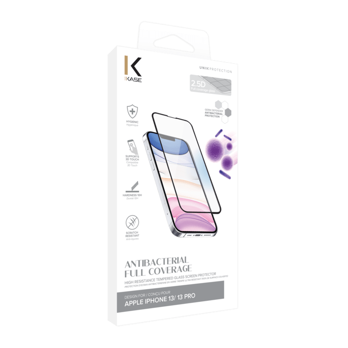 Protection d&rsquo;&eacute;cran antibact&eacute;rienne en verre tremp&eacute; ultra-r&eacute;sistant (100% de surface couverte) pour Apple iPhone 13/13 Pro, Noir