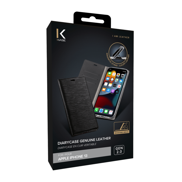 Diarycase 2.0 Coque clapet en cuir v&eacute;ritable avec support aimant&eacute; pour Apple iPhone 13, Noir Minuit