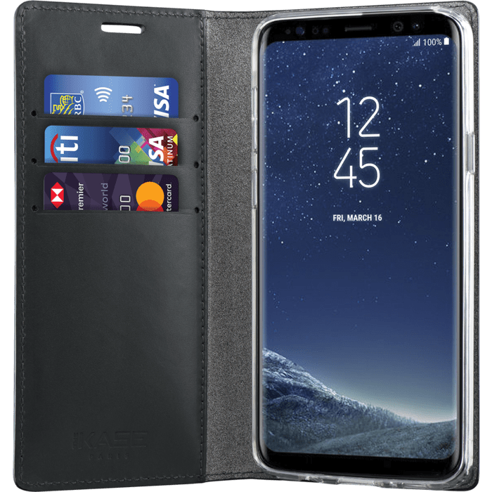 Diarycase Coque clapet en cuir v&eacute;ritable avec support aimant&eacute; pour Samsung Galaxy S9 , Noir L&eacute;zard