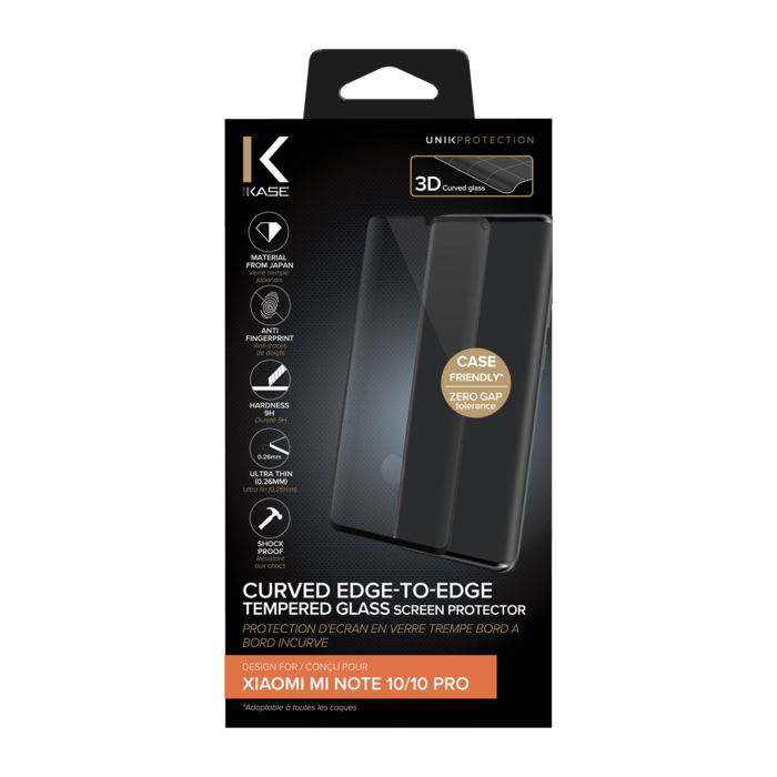 Protection d'écran en verre trempé Bord à Bord Incurvé pour Xiaomi Mi Note 10/10 Pro, Noir