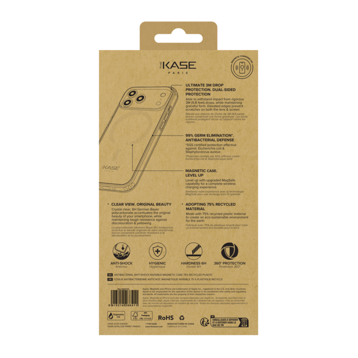 Coque antibact&eacute;rienne antichoc magn&eacute;tique invisible Fabriqu&eacute; Avec du 75% Plastique Recycl&eacute; pour Apple iPhone 17 Pro, Transparente