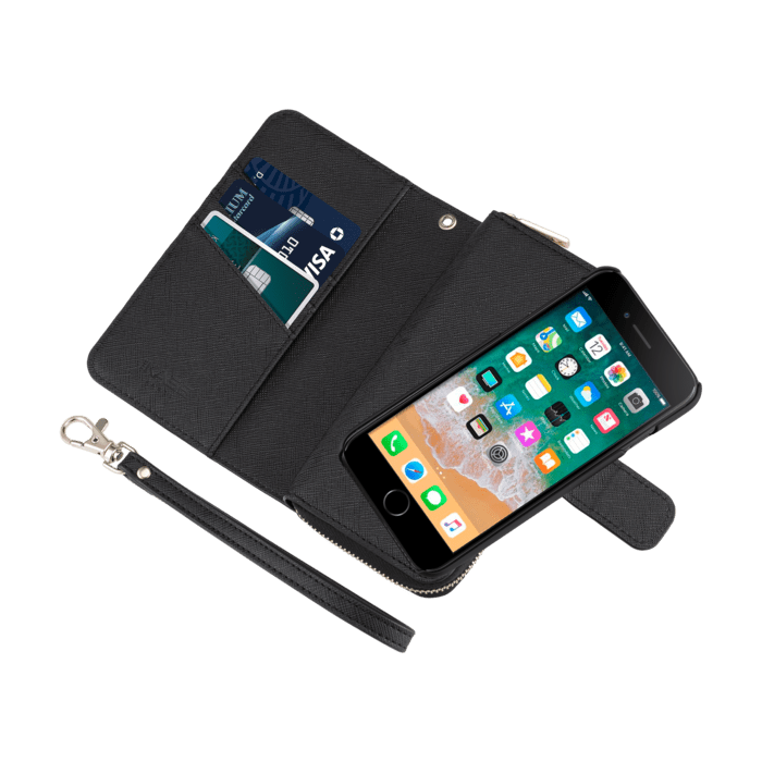 Coque portefeuille slim détachable 2-en-1 motif Saffiano pour Apple iPhone 6/6S/7/8/SE 2020/SE 2022, Noir satin