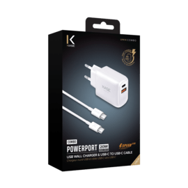 Chargeur mural PowerPort Speed LITE 20 W double USB UE + câble de charge/synchronisation rapide USB-C vers USB-C, blanc