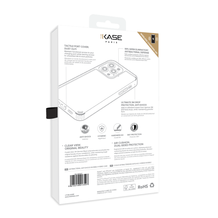 Coque antibact&eacute;rienne antichoc hybride invisible pour Apple iPhone 13 Pro, Transparente