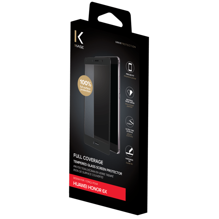 Protection d'écran en verre trempé (100% de surface couverte) pour Huawei Honor 6X, Noir
