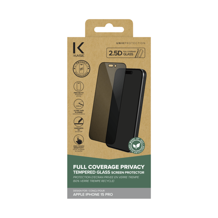 Protection d'&eacute;cran Priv&eacute;e en verre tremp&eacute; (60% verre tremp&eacute; recycl&eacute;) pour Apple iPhone 15 Pro, Noir