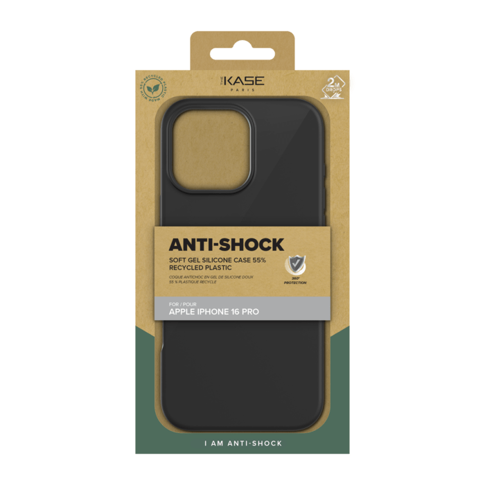 Coque antichoc en gel de silicone doux pour 55% de plastique recycl&eacute; Apple iPhone 16 Pro, Noir satin