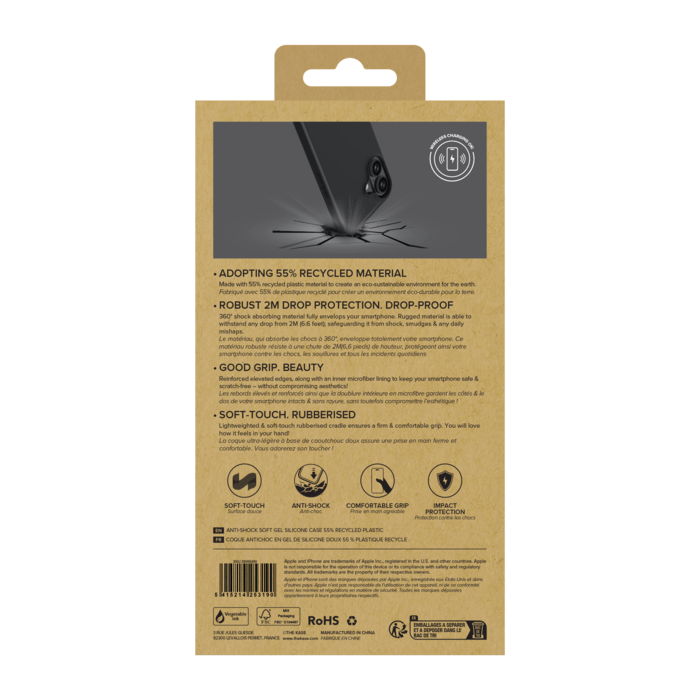 Coque antichoc en gel de silicone doux pour 55% de plastique recycl&eacute; Apple iPhone 16 Plus, Noir satin