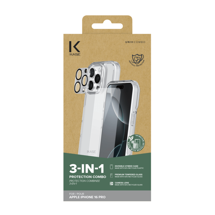 Pack combin&eacute; 3 en 1 (Coque Hybride Invisible, &Eacute;cran en Verre Tremp&eacute; de Qualit&eacute; Sup&eacute;rieure et Protecteur de l&rsquo;objectif de la cam&eacute;ra) pour Apple iPhone 16 Pro, Transparente