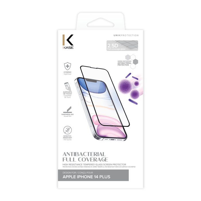 Protection d’écran antibactérienne en verre trempé ultra-résistant (100% de surface couverte) pour Apple iPhone 14 Plus, Noir