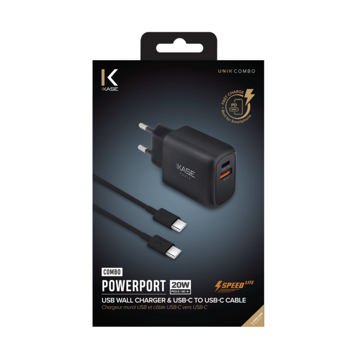 Chargeur mural PowerPort Speed LITE 20 W double USB UE + câble de charge/synchronisation rapide USB-C vers USB-C, noir
