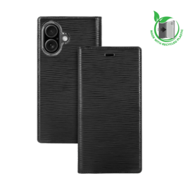 Diarycase 2.0 Coque clapet en cuir véritable avec support aimanté et fabriqué avec un étui en plastique recyclé pour Apple iPhone 17, Noir Minuit