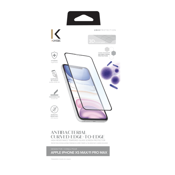 Protection d’écran antibactérienne en verre trempé ultra-résistant à bords incurvés pour Apple iPhone XS Max/11 Pro Max, Noir
