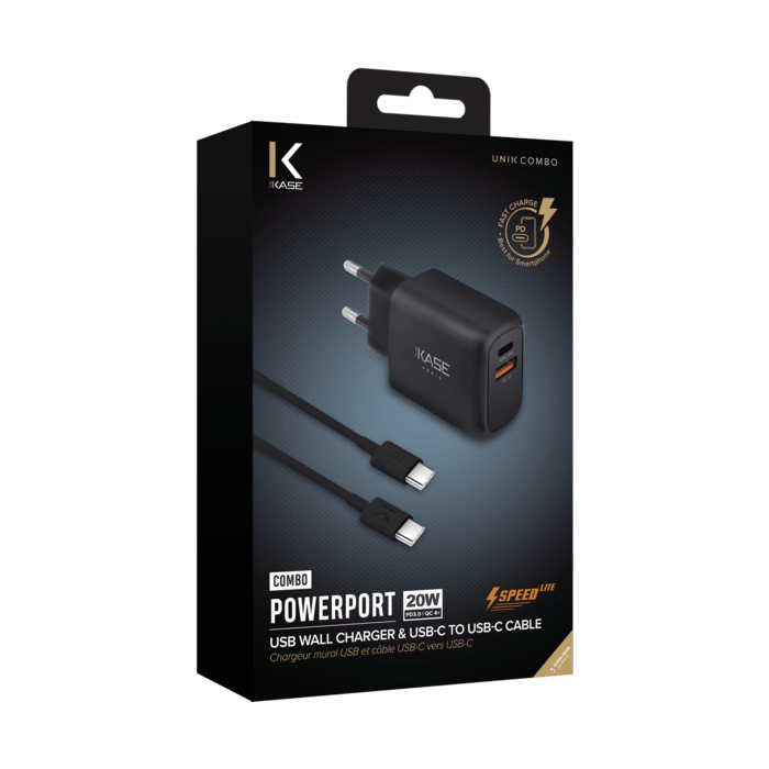 Chargeur mural PowerPort Speed LITE 20 W double USB UE + c&acirc;ble de charge/synchronisation rapide USB-C vers USB-C, noir