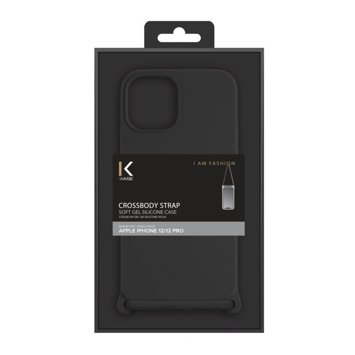 Coque en gel de silicone doux en bandouli&egrave;re pour Apple iPhone 12/12 Pro, Noir satin