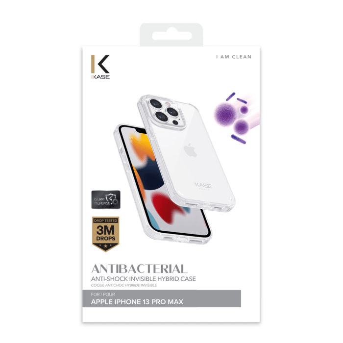 Coque antibact&eacute;rienne antichoc hybride invisible pour Apple iPhone 13 Pro Max, Transparente