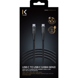 Câble USB-C vers USB-C (USB4 GEN2) 100W Fast Charge/Sync Aramide fabriqué avec 100 % de plastique (1,2M), Noir