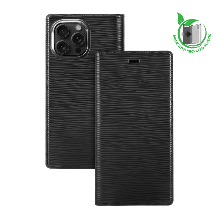 Diarycase 2.0 Coque clapet en cuir v&eacute;ritable avec support aimant&eacute; et fabriqu&eacute; avec un &eacute;tui en plastique recycl&eacute; pour Apple iPhone 16 Pro, Noir Minuit