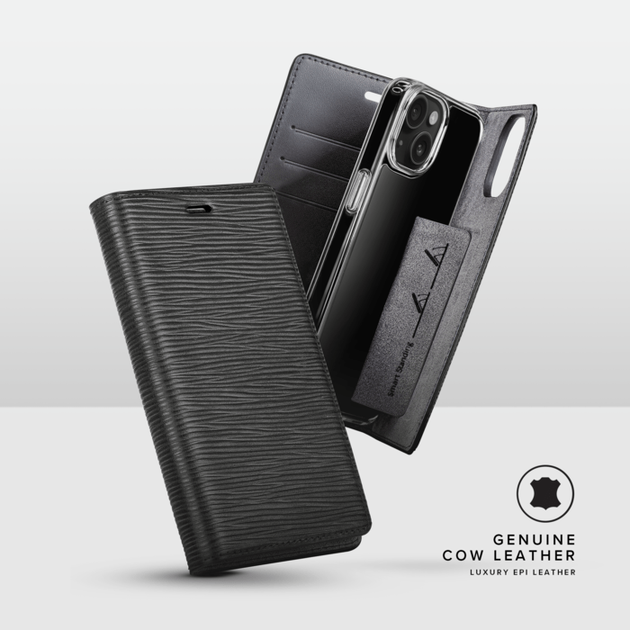 Diarycase 2.0 Coque clapet en cuir v&eacute;ritable avec support aimant&eacute; et fabriqu&eacute; avec un &eacute;tui en plastique recycl&eacute; pour Apple iPhone 15, Noir Minuit