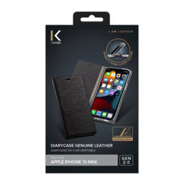 Diarycase 2.0 Coque clapet en cuir v&eacute;ritable avec support aimant&eacute; pour Apple iPhone 13 mini, Noir Minuit