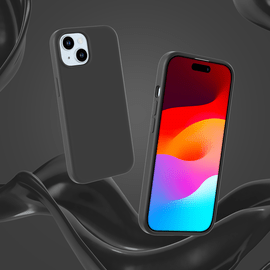 Coque antichoc en gel de silicone doux pour 55% de plastique recyclé Apple iPhone 15, Noir satin