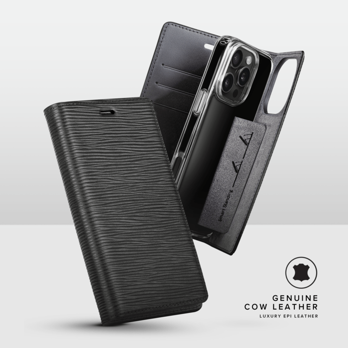 Diarycase 2.0 Coque clapet en cuir v&eacute;ritable avec support aimant&eacute; et fabriqu&eacute; avec un &eacute;tui en plastique recycl&eacute; pour Apple iPhone 16 Pro, Noir Minuit