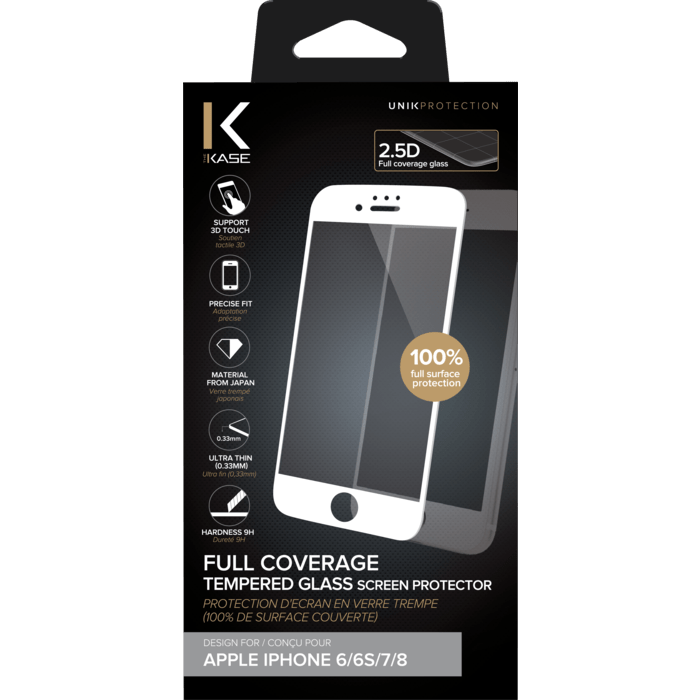 Protection d'&eacute;cran en verre tremp&eacute; (100% de surface couverte) pour Apple iPhone 6/6s/7/8, Blanc