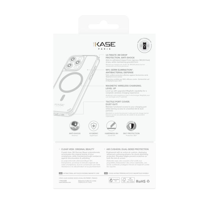 Coque antibact&eacute;rienne antichoc magn&eacute;tique invisible pour Apple iPhone 15 Pro, Transparente