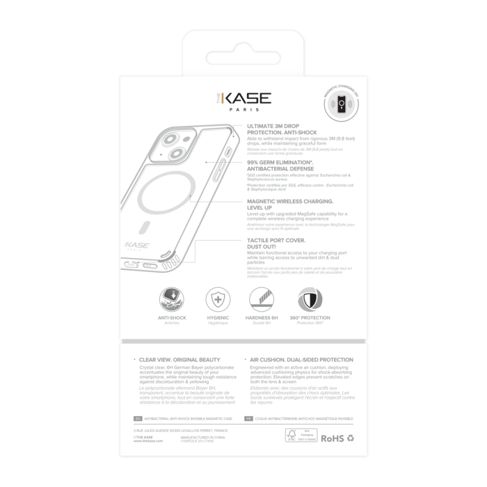 Coque antibact&eacute;rienne antichoc magn&eacute;tique invisible pour Apple iPhone 14, Transparente