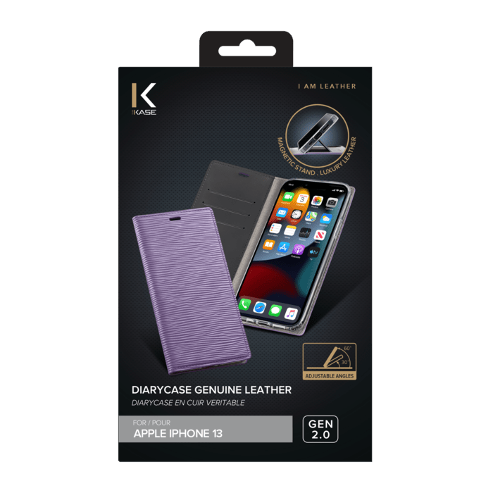 Diarycase 2.0 Coque clapet en cuir v&eacute;ritable avec support aimant&eacute; pour Apple iPhone 13, Violet Lilas