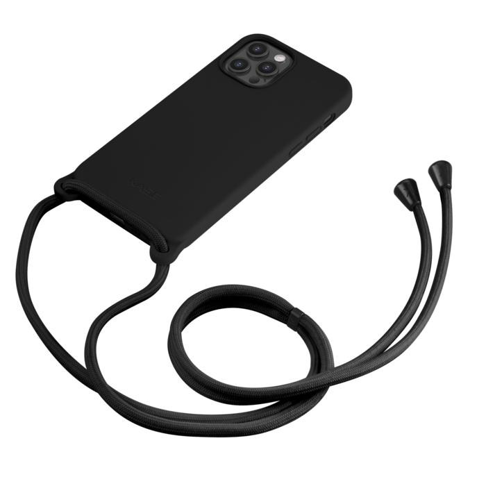 Coque en gel de silicone doux en bandouli&egrave;re pour Apple iPhone 12/12 Pro, Noir satin