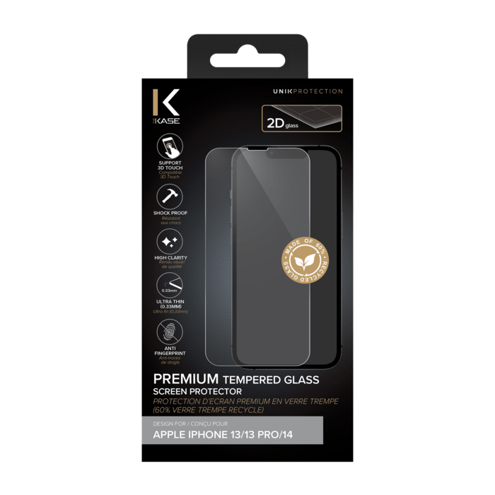 Protecteur d'&eacute;cran en verre tremp&eacute; de qualit&eacute; sup&eacute;rieure (60% verre tremp&eacute; recycl&eacute;) pour Apple iPhone 13/ 13 Pro/ 14, Transparent