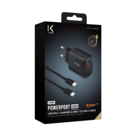 Chargeur mural PowerPort Speed LITE 20 W double USB UE + c&acirc;ble de charge/synchronisation rapide USB-C vers USB-C, noir