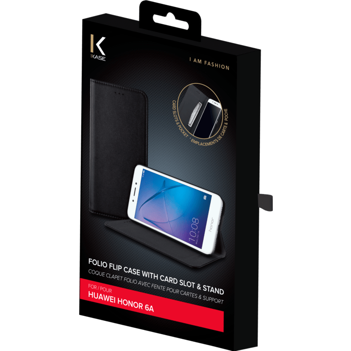 Coque clapet folio avec fente pour cartes & support pour Huawei Honor 6A, Noir