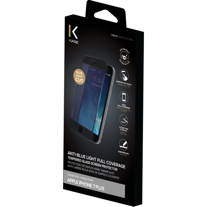 Protection d'écran en verre trempé avec Anti-lumière bleue (100% de surface couverte) pour iPhone 7 Plus, Noir
