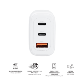 Chargeur Mural Trois Port Supreme+ Power GaN Fabriqu&eacute; Avec du 100% Plastique Recycl&eacute; - 65W (PPS), Blanc
