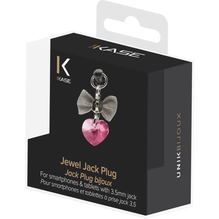 Jack Plug bijoux orn&eacute; de cristaux Swarovski, C&oelig;ur avec ruban, Rose